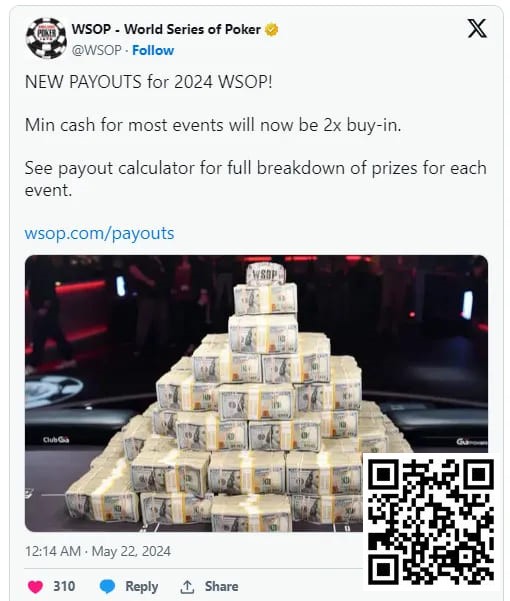 【EV撲克】2024年WSOP奖金结构升级，蕞低可拿到两倍门票钱